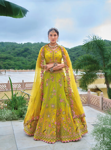 Lime Yellow and Green Beautiful Traditional Designer Elegant Embroidery Work Cut Work Silk Lehenga - 7103